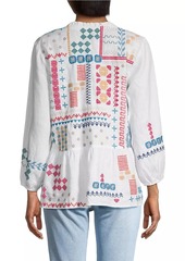 Johnny Was Katie Geometric Embroidered Peplum Peasant Top