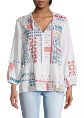 Johnny Was Katie Geometric Embroidered Peplum Peasant Top