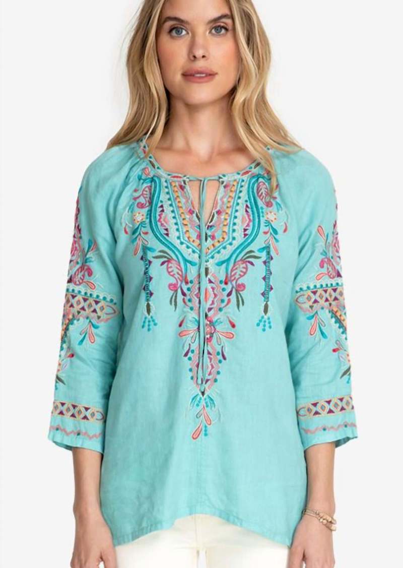 Johnny Was Kris Linen Peasant Blouse In Light Teal
