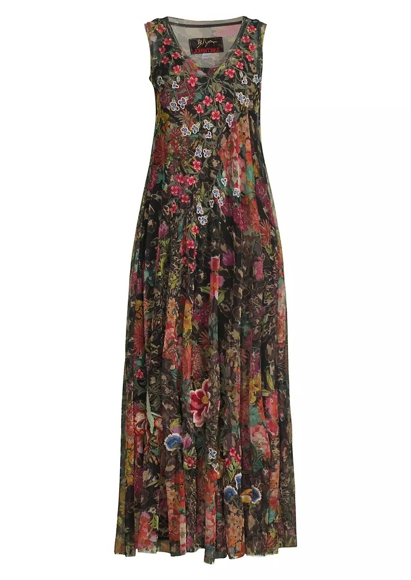 Johnny Was Mazzy Embroidered Mesh Sleeveless Maxi Dress