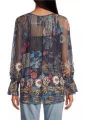 Johnny Was Mazzy Floral-Embroidered Mesh Top