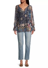 Johnny Was Mazzy Floral-Embroidered Mesh Top