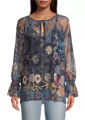 Johnny Was Mazzy Floral-Embroidered Mesh Top