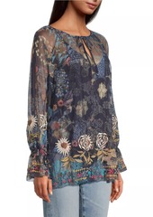 Johnny Was Mazzy Floral-Embroidered Mesh Top