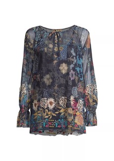 Johnny Was Mazzy Floral-Embroidered Mesh Top