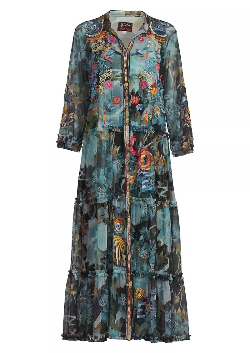 Johnny Was Mazzy Floral-Embroidered Ruffled Maxi-Dress