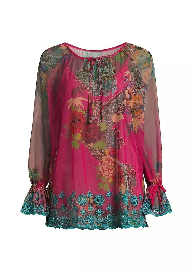 Johnny Was Mazzy Floral Mesh Peasant Blouse