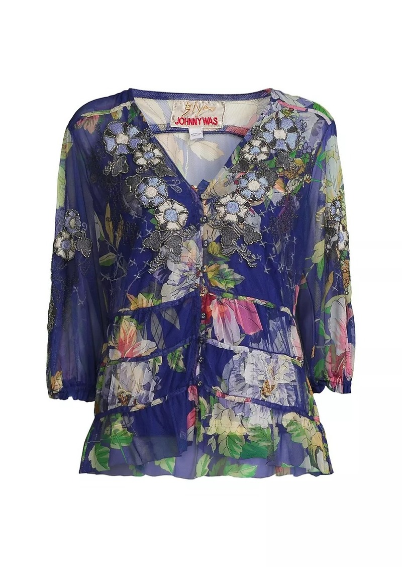 Johnny Was Mazzy Ruched Floral Blouse