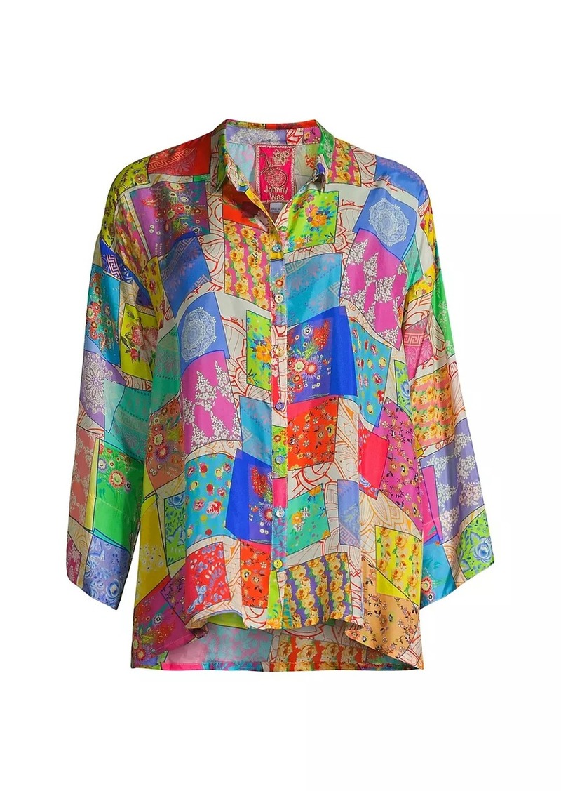 Johnny Was Multee Patchwork Silk Blouse