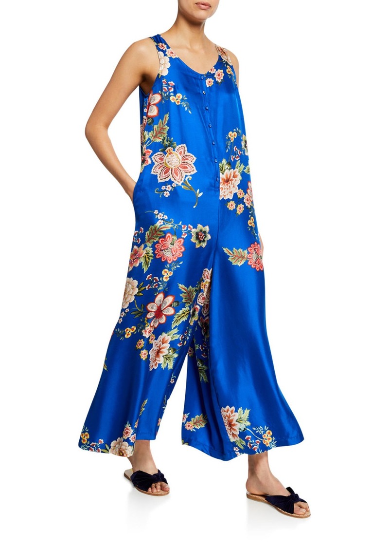 Plus Size Vivian Floral-Print Button-Front Sleeveless Silk Twill Jumpsuit