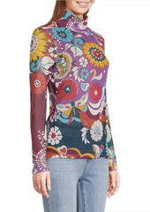 Johnny Was Rebecca Floral Mesh Turtleneck Long-Sleeve T-Shirt