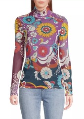 Johnny Was Rebecca Floral Mesh Turtleneck Long-Sleeve T-Shirt