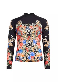 Johnny Was Royal Floral Cut-Out Surf Rashguard Top