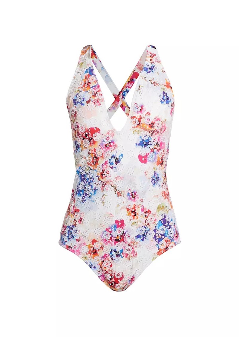 Johnny Was Summer Days Eyelet Cross-Back One-Piece Swimsuit