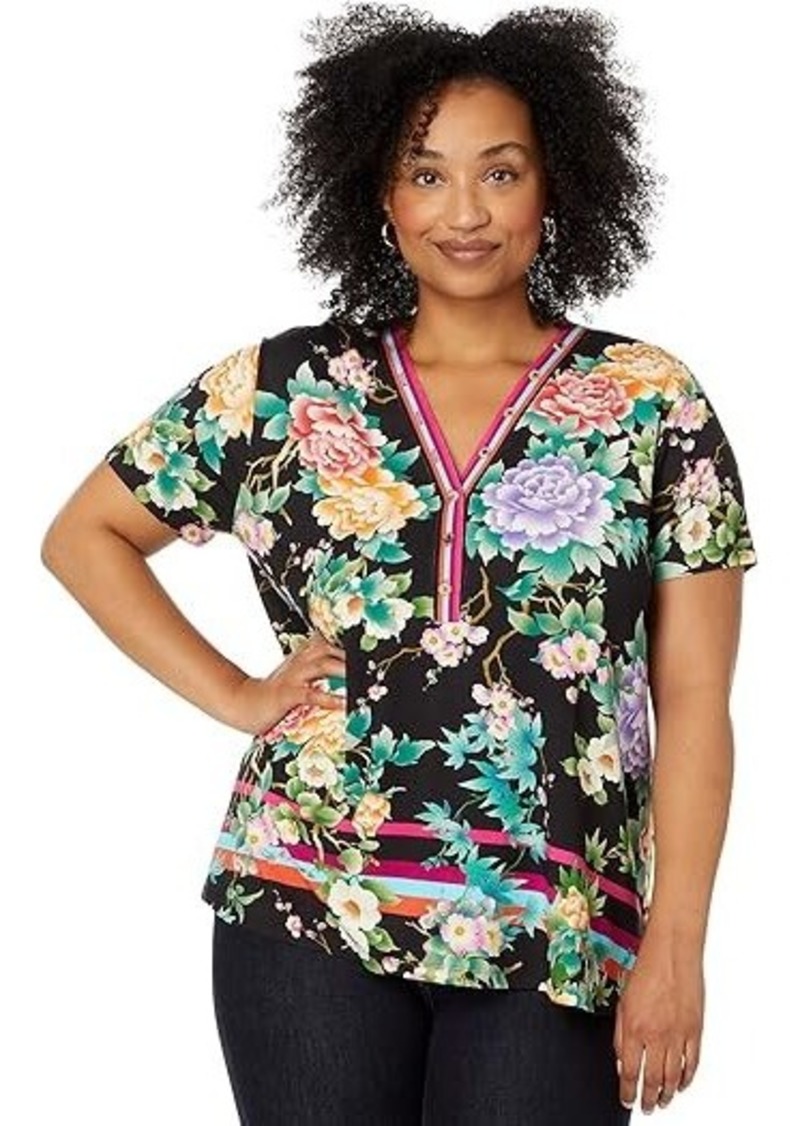 Johnny Was The Janie Favorite Button Neck Tee- Le Jardin Plus Size