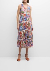 Johnny Was Tiered Lace-Trim Floral-Print Midi Dress