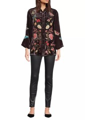 Johnny Was Velvet Floral Embroidered Kimono-Sleeve Shirt