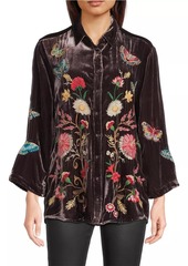 Johnny Was Velvet Floral Embroidered Kimono-Sleeve Shirt