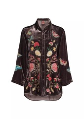 Johnny Was Velvet Floral Embroidered Kimono-Sleeve Shirt