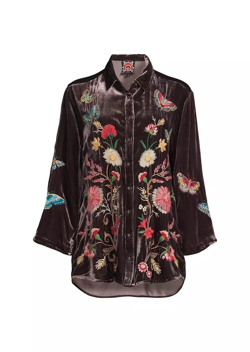 Johnny Was Velvet Floral Embroidered Kimono-Sleeve Shirt