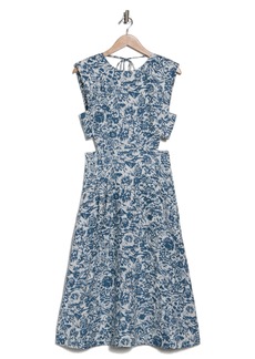 Joie Ember Print Cutout Linen Midi Dress in Porcelain And Indian Teal at Nordstrom Rack