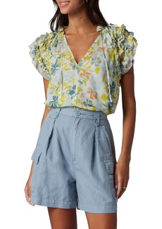 Joie Tezza Floral Split Neck Ruffle Sleeve Silk Blouse in Cerulean Multi at Nordstrom Rack
