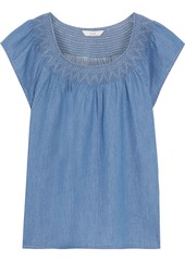 Joie Woman Qwynn Smocked Cotton-chambray Top Mid Denim