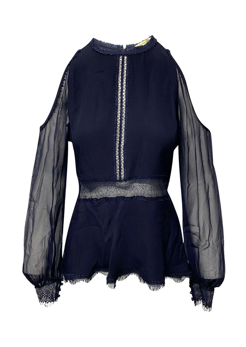 Jonathan Simkhai Cold Shoulder Lace Trim Blouse in Blue Silk