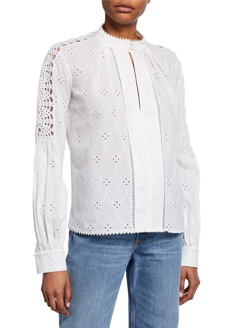 Jonathan Simkhai Long-Sleeve Button-Down Eyelet Cotton Shirt w/ Lace Trim