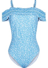 Jonathan Simkhai Woman Coraline Cold-shoulder Shirred Floral-print Swimsuit Light Blue