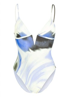 Jonathan Simkhai Maelle V-Neck One Piece Swimsuit In Marina Blue Print