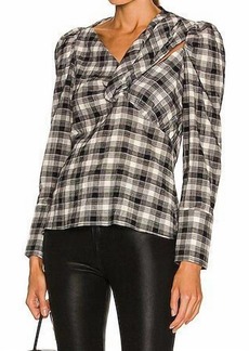 Jonathan Simkhai Rory Plaid Poplin Cutout Draped Shirt In Black Plaid