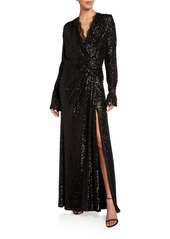 Jonathan Simkhai Sequined Long-Sleeve Draped Gown with Lace