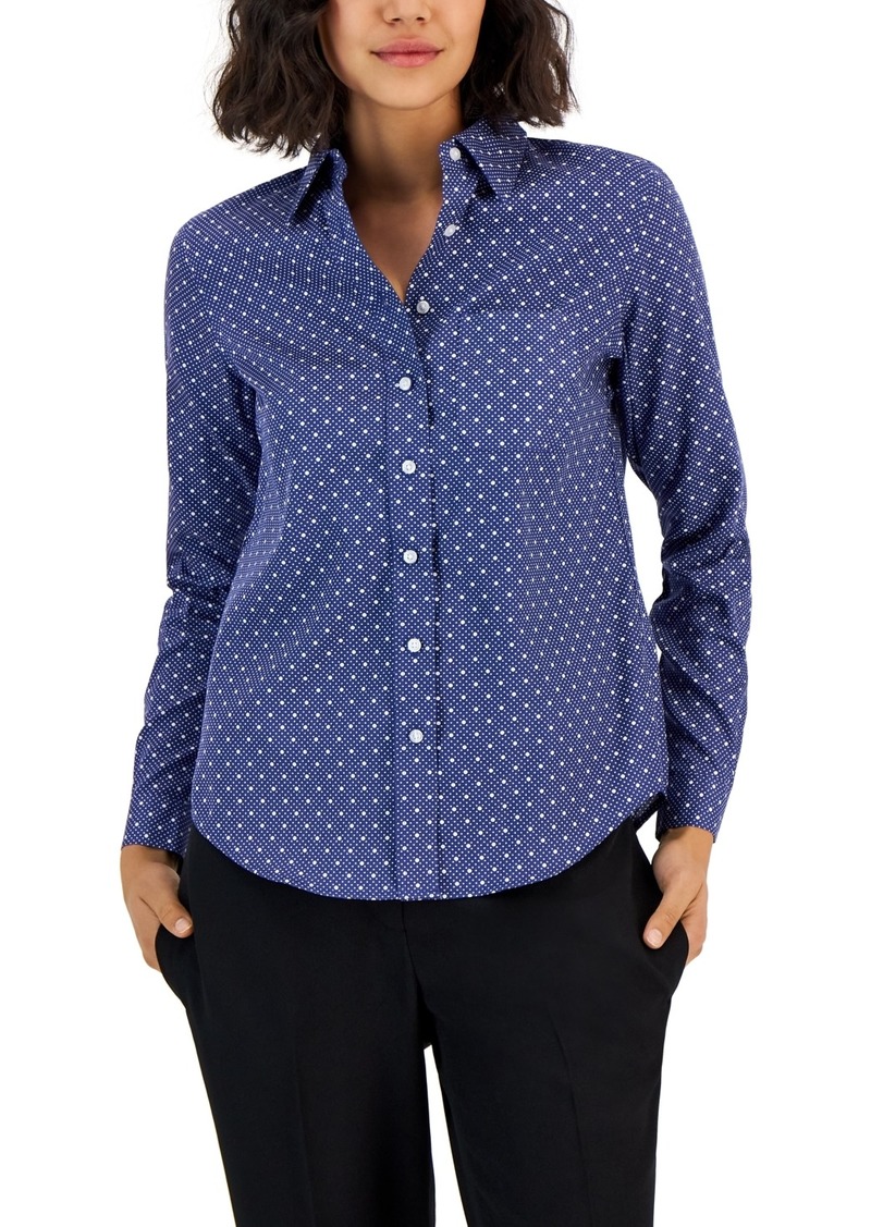 Jones New York Women's Easy Care Button Up Long Sleeve Blouse - Blue-White