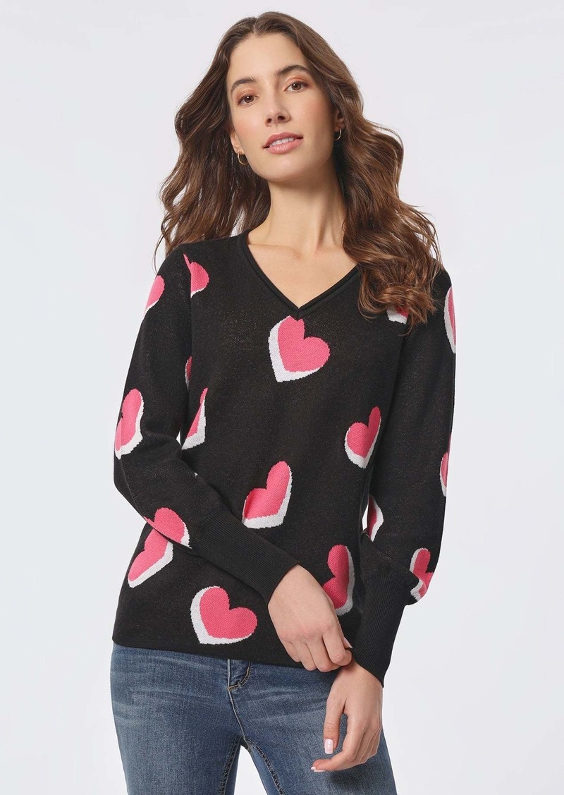 Jones New York Heart Shape V-Neck Puff Sleeve Sweater