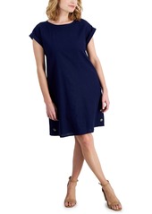 Jones New York Petite Button-Side Linen-Blend Shift Dress - Pacific Navy