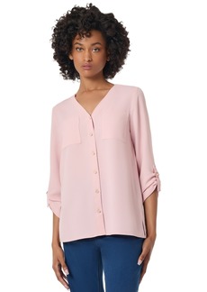 Jones New York Petite Collarless V-Neck Tunic Blouse - Rose