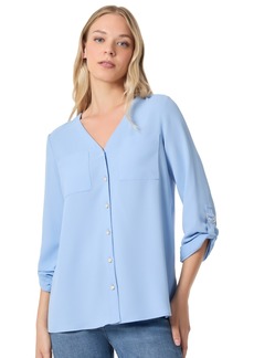 Jones New York Petite Collarless V-Neck Tunic Blouse - Bluebell