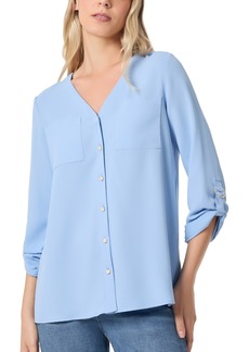 Jones New York Petite Collarless V-Neck Tunic Blouse - Bluebell