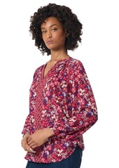 Jones New York Petite Mixed-Print V-Neck Long-Sleeve Top - Pacific Navy