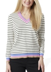 Jones New York Stripe Relaxed Fit V-Neck Sweater in Pink Lotus Combo at Nordstrom