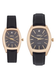 Jones New York Two-Piece Diamond Accent Tonneau Faux Leather Strap Watch His & Hers Set in Black at Nordstrom Rack