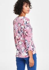 Jones New York Women's Floral Moss Crepe 3/4-Sleeve Top - Marble Pin