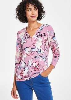 Jones New York Women's Floral Moss Crepe 3/4-Sleeve Top - Marble Pin