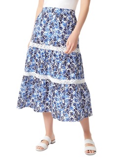 Jones New York Women's Floral-Print Lace-Trimmed Tiered Pull-On Midi Skirt - NYC White/Blue Horizon