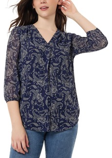 Jones New York Women's Kelly Printed Sheer-Sleeve Pleated Blouse - Pacific Navy