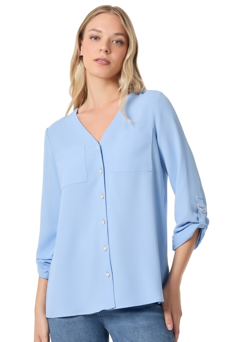 Jones New York Women's Long Sleeve Collarless Tunic with D-Rings Top - Bluebell