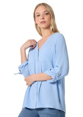 Jones New York Women's Long Sleeve Collarless Tunic with D-Rings Top - Bluebell