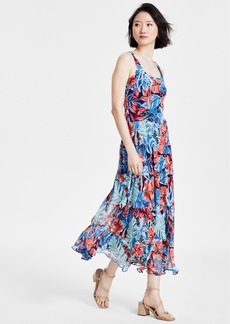 Jones New York Women's Multi-Tier Midi Dress - Pacific Blue/Coral Sun Multi