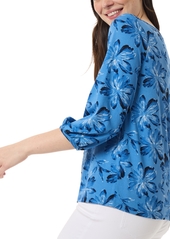 Jones New York Women's Printed Moss-Crepe 3/4-Sleeve Top - Blue Lagoon